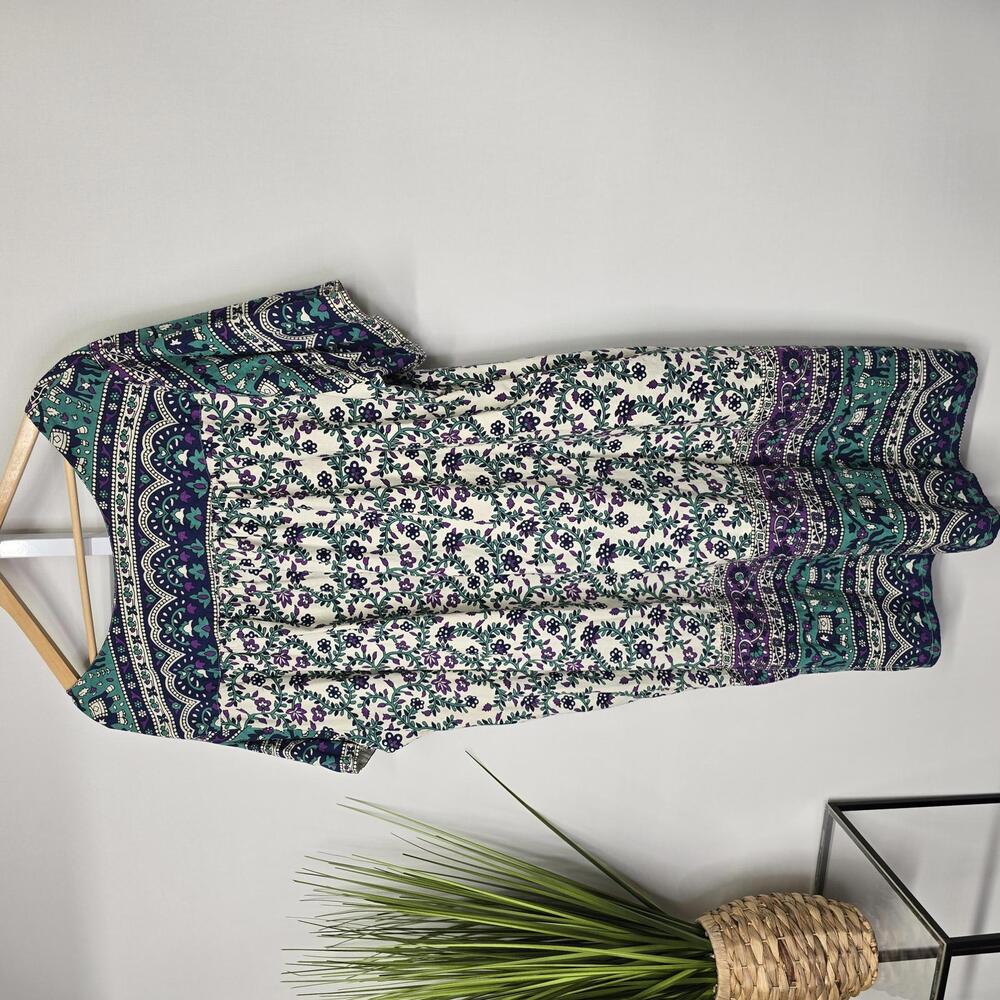 Vintage‎ Elephant Floral Print Boho Short Sleeve Midi Muu Muu Dress Green Purple